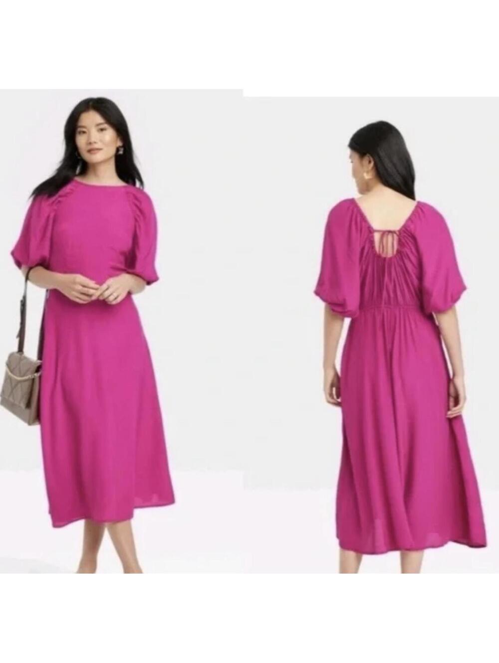 A New Day Fuchsia Puff Sleeve Midi Dress - Women's Large NWOT